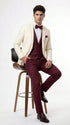 Men’s Cream Ivory and Burgundy 3 Piece Tuxedo Suit, Vested Formal Wedding Prom Dinner Suit in Cream Off White Color
