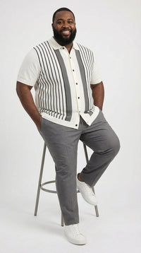 Mens White and Charcoal Gray Stripe Walking Suit Set – Short Sleeve Button Shirt and Pants Casual Summer Outfit for Travel, Vacation and Everyday Wear