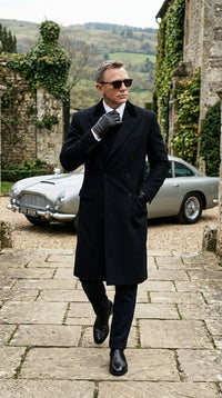 Men’s Black Double Breasted Overcoat, James Bond Inspired Long Formal Coat for Weddings, Business Events, Parties, and Winter Occasions