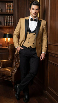 Men's Dark Camel Tan Khaki and Black Great Gatsby Tuxedo Suit – Vintage 1920s Formal Wedding, Party and Event Wear