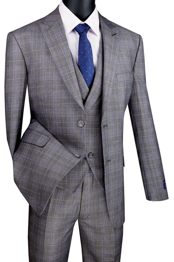 Mens 2 Button Vested Peak Lapel Plaid Suit in Grey