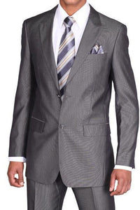 Mens 2 Button Peak Lapel Shiny Sharkskin Suit in Black