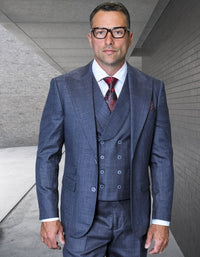 Mens Ticket Pocket Peak Lapel Double breasted Vest 100% Wool Tom Ford Style Modern Fit in Color "Navy" By Statement