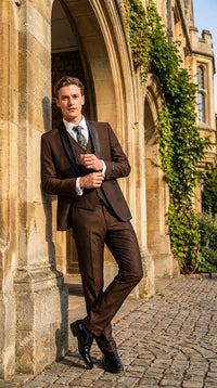 Men’s Chocolate Brown 3-Piece Tuxedo Suit with Black Satin Shawl Lapel – Shawl Collar Vested