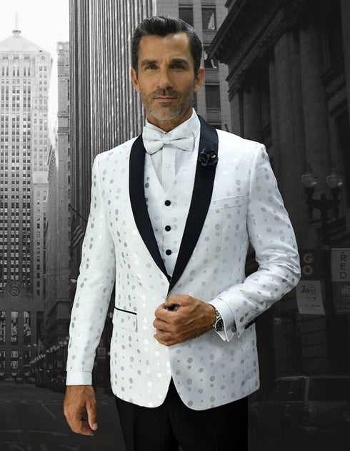 Mens Vested Polka Dot Tuxedo in White