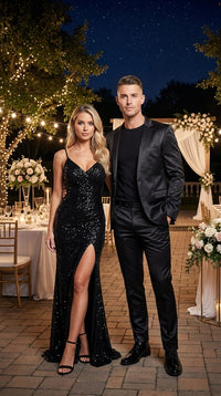 Men’s Black Shiny Sharkskin 2 Piece Suit, Formal Wedding Prom Party Dress Suit