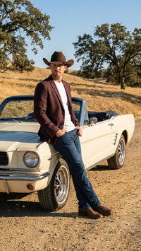 Men’s Burgundy Western  Blazer Jacket, Textured Cowboy Style Sport Coat for  - Tweed Herringbone Maroon Color