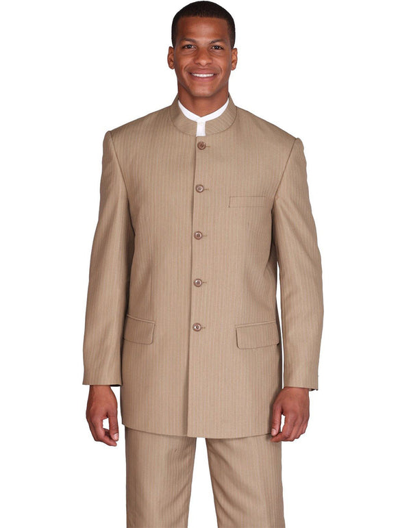 Mens 5 Button Mandarin Collar Suit in Tan Pinstripe