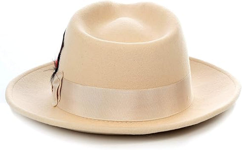 Gangster 100% Austrailian Wool Crushable Mens Fedora Hat - Removable Feather Gangster  Tan Mens Fedora Hat