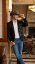 Men’s Black Sequin Western Blazer – Embroidered Cowboy Tuxedo Jacket with Rhinestone Lapels