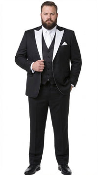 Men’s Black and White Lapel Prom Tuxedo Suit + Black Vest + Black Pants Peak Lapel