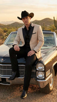 Men's Light Tan and Black Lapel Western Tuxedo Suit Set Wedding Party Cowboy Dress Tuxedo Black Pants