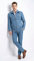 Men’s Light Blue Walking Suit – 2 Piece Casual Leisure Set with Zip Front Jacket Denim Style