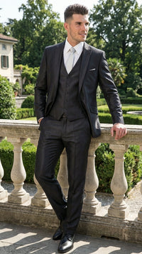 Men’s Black Three Piece Suit – Modern Fit 3PC Formal Suit with Vest for Wedding, Prom and Business Events Sharkskin Shiny Fabric