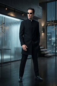 Men’s Black Coat Matrix Keanu Reeves Inspired Long Coat – Classic Mandarin Collar Formal Overcoat, Stylish Winter Trench Coat, Neo Style Jacket