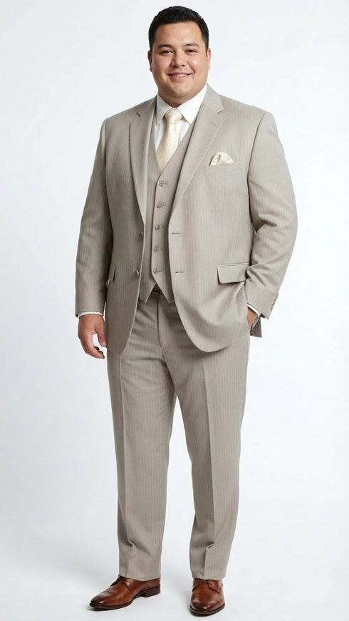 Men’s Light Tan Pinstripe 3 Piece Suit with Jacket, Vest, and Pants | Shadow Stripe Tone Tone Pleated Pants Classic