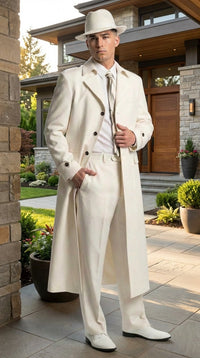 Men’s Ivory Cream Off White  Full Length Zoot Suit – Vintage Gangster Style Long Coat Formal Suit