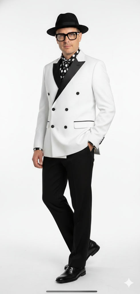 Men’s White and Black Double-Breasted Tuxedo – Modern Slim Fit Formal Suit for Weddings, Parties, and Special Occasions
