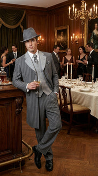 Men’s Grey Pinstripe Zoot Suit 3 Piece – 1920s Gangster Vintage Wide Lapel Suit with Vest for Wedding, Party