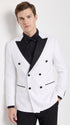 Men's White Double Breasted Tuxedo Dinner Jacket with Black Satin Peak Lapel – Formal Wedding Prom Blazer