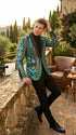 Men’s Black and Turquoise Blue With teal green Sequin Dinner Jacket, Formal Prom Wedding Paisley Floral Mardi Gra Pattern