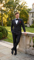 Men’s Black Double Breasted Evening Wear Suit with Satin Shawl Lapel and Red Pocket Square