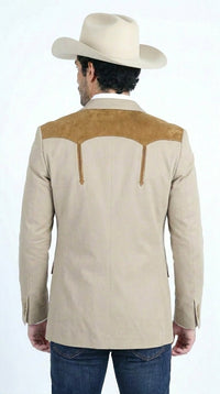 Men’s Khaki Western Blazer with Suede Yokes, Cowboy Sport Coat , Ranch and Country Events in Tan Khaki Color By Platini