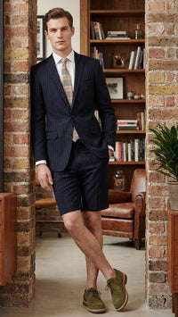 Men’s Dark Navy Blue Pinstripe or Black Pinstripe  Summer Business Suit with Shorts Pants Set – Sport Coat Style Formal and Casual Outfit