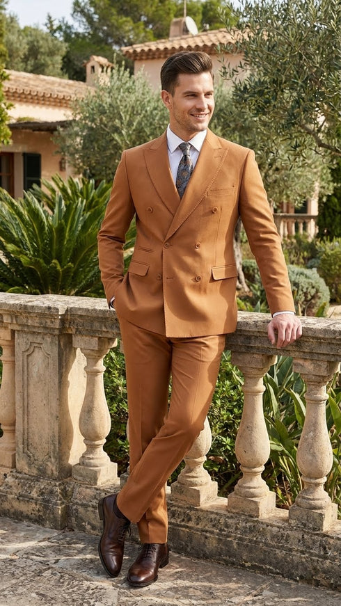 Men’s Vitali Brand Rustish Orange Brown Copper Color Double Breasted Slim Fit Suit