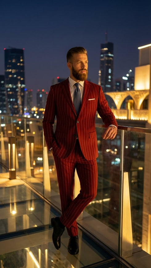 Men’s Red Pinstripe Suit – Stripe Two-Button Vested Suit 2 Buttons