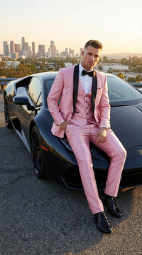 Men’s Blush Pink Shiny 3 Piece Suit with Black Shawl Lapel | Light Pink Prom Suit Sharkskin Fabric - Ultra Slim Fit
