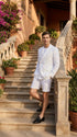 Men’s White Summer Suit with Shorts, 2 Piece Linen Style Wedding Beach Short Suit Set double breasted style