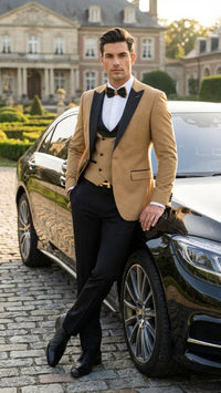 Men's Dark Camel Tan Khaki and Black Great Gatsby Tuxedo Suit – Vintage 1920s Formal Wedding, Party and Event Wear