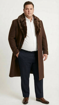 Men’s Brown Long Overcoat with Faux Fur Collar – Classic Winter Formal Coat Three Quarter Carcoat Wool and Cashmere Fabric