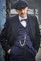 Mens Peaky Blinders Costume Arthur Shelby Vested Navy Suit with Black Overcoat & Hat