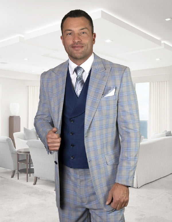 Mens Statement Apula 2 Button Peak Lapel Suit with Double Breasted Vest in Light Blue Plaid