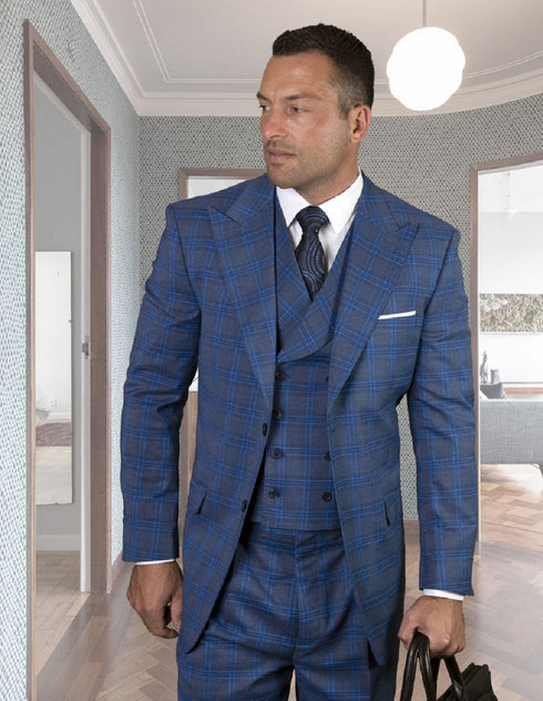 Mens Statement Apula 2 Button Peak Lapel Suit with Double Breasted Vest in Sapphire Plaid