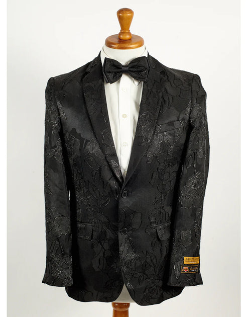 Mens 2 Button Shiny Black on Black Floral Paisley Prom & Wedding Blazer