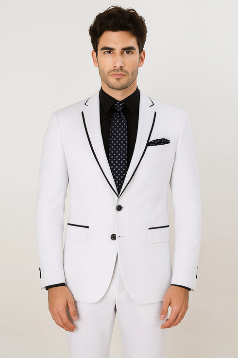 All White Mens Tuxedo -  Wedding Suit - Mens Two Button Slim Fit Vested Prom Tuxedo Suit With Trim In White