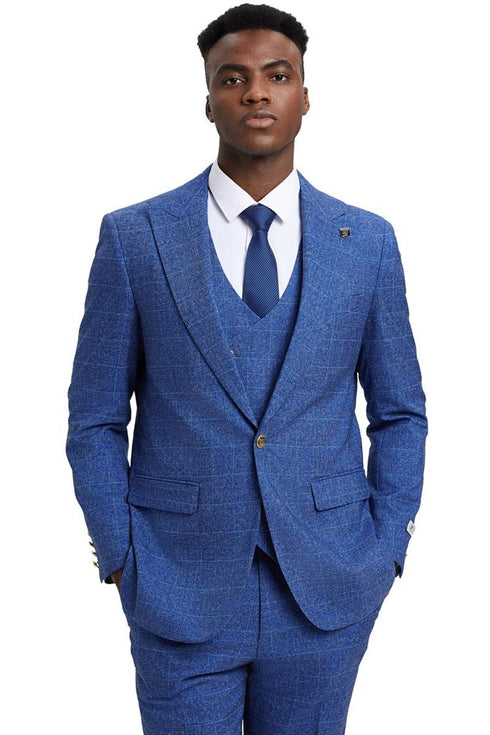 Men's Stacy Adams Peak Lapel Suit with Double Breasted Vest in Blue Windowpane Plaid