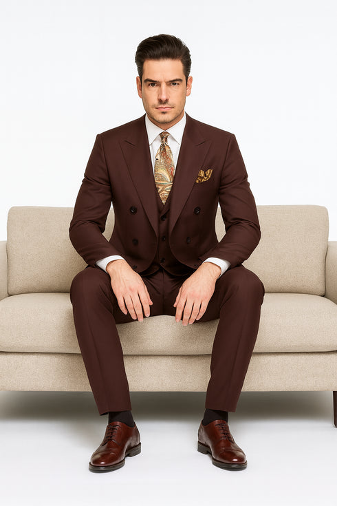 Double Breasted Suits - Vested Suits Wool Fabric - Apolo King Brand - Solid Brown Suit