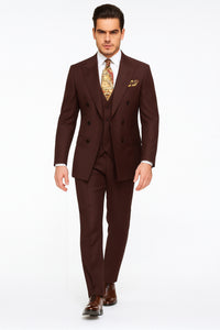 Double Breasted Suits - Vested Suits Wool Fabric - Apolo King Brand - Solid Brown Suit