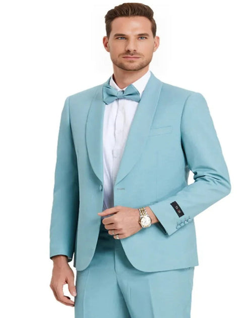 Blue Wedding Tuxedo - Men's One Button Shawl Lapel Dinner Aqua Blue Wedding Suit