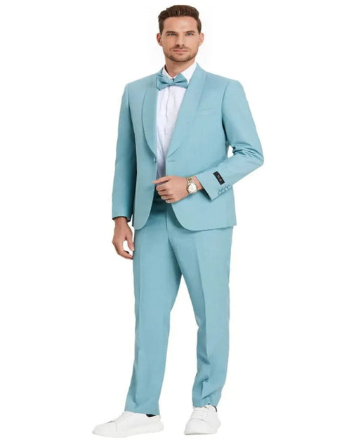 Blue Wedding Tuxedo - Men's One Button Shawl Lapel Dinner Aqua Blue Wedding Suit