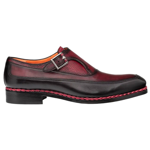 Men's Artesano Black/Burgundy Patina Calfskin Two-Toned Monk Strap Shoes By Mezlan Made In Spain Brand