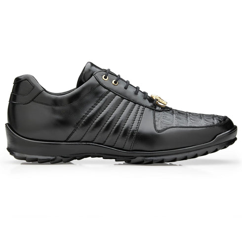 Men's Belvedere Astor Soft Calf & Caiman Crocodile Hornback Dress Sneaker in Black