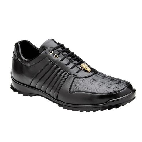 Men's Belvedere Astor Soft Calf & Caiman Crocodile Hornback Dress Sneaker in Black