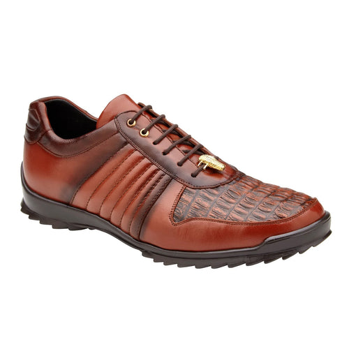 Men's Belvedere Astor Soft Calf & Caiman Crocodile Hornback Dress Sneaker in Cognac