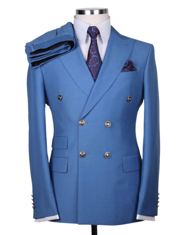 Designer Mens Double Breasted Gold Button Suit in Sky Blue