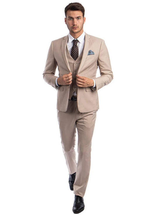 Men's Two Button Slim Fit Vested Solid Basic Color Suit in Medium Tan